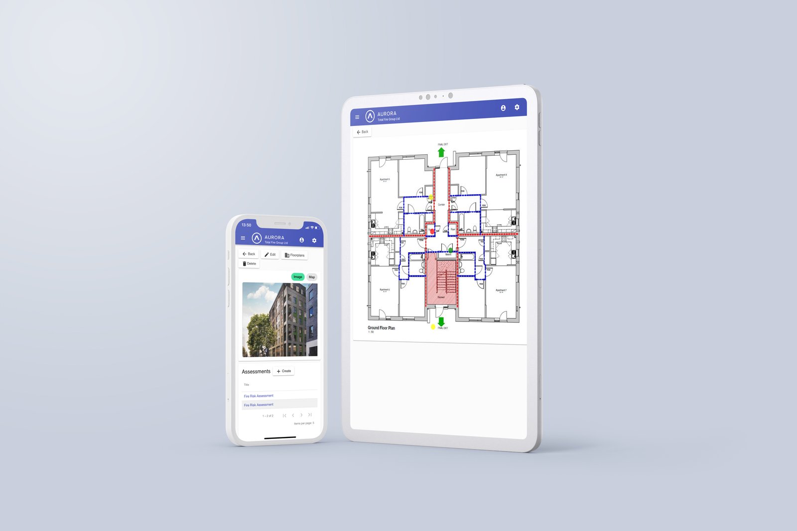 Fire door portal on mobile and tablet showing floor-plan door locations