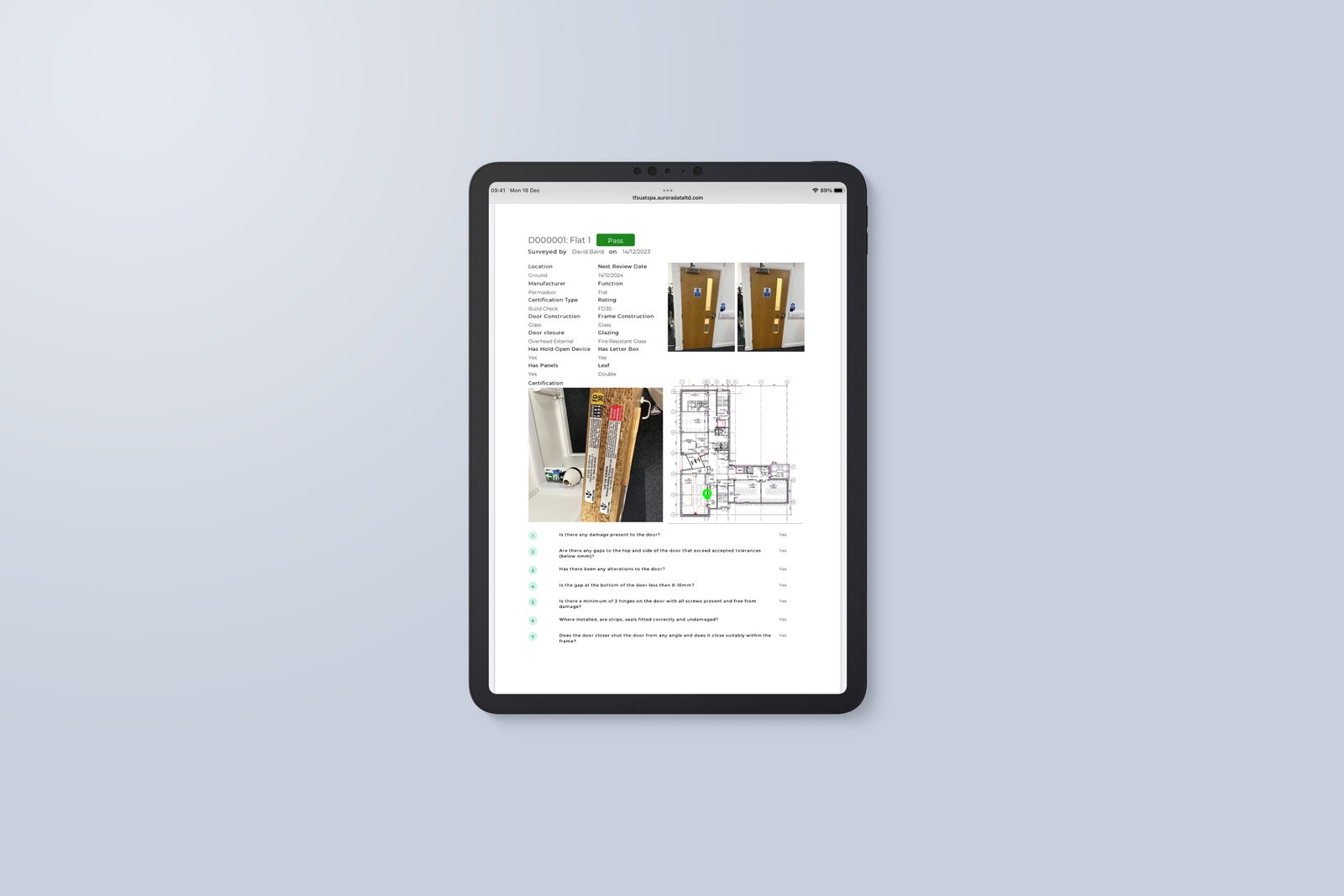 Digital fire door survey record with photos, certification and inspection checklist